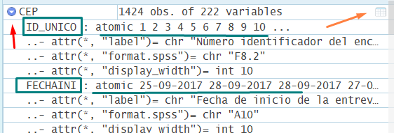 Información de los vectores que componen la base de datos