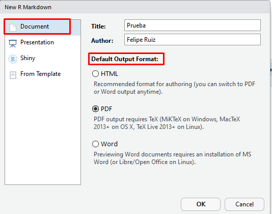 Ventana de preconfiguración del documento de RMarkdown