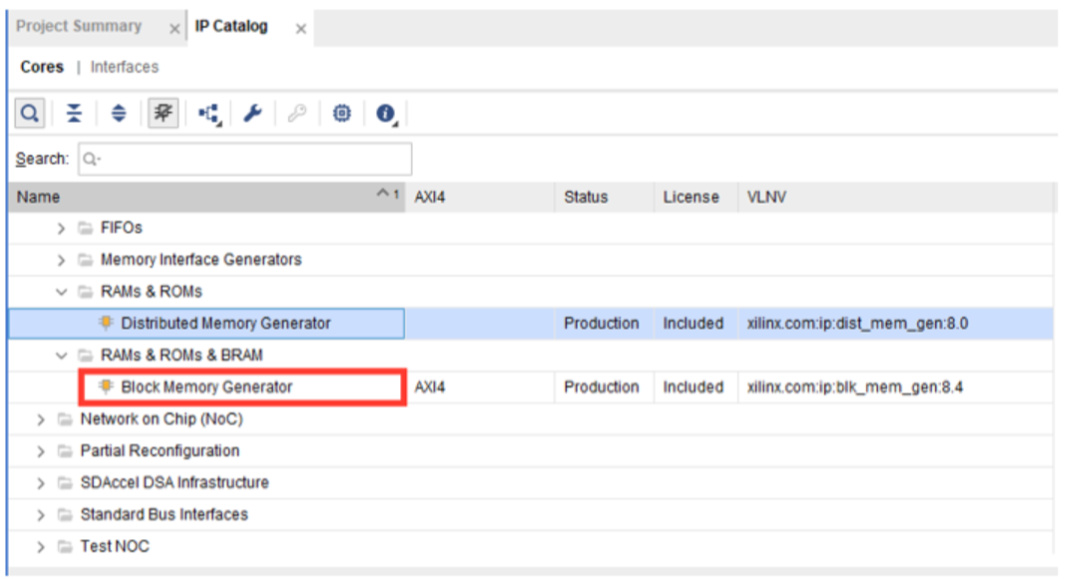 在“IP Catalog”里选择“Block Memory Generator”