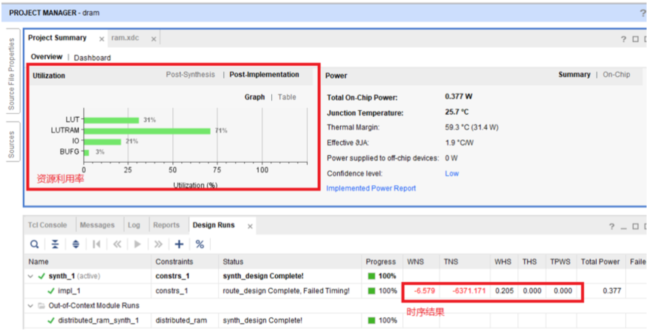 查看综合实现后的时序结果和资源利用率
