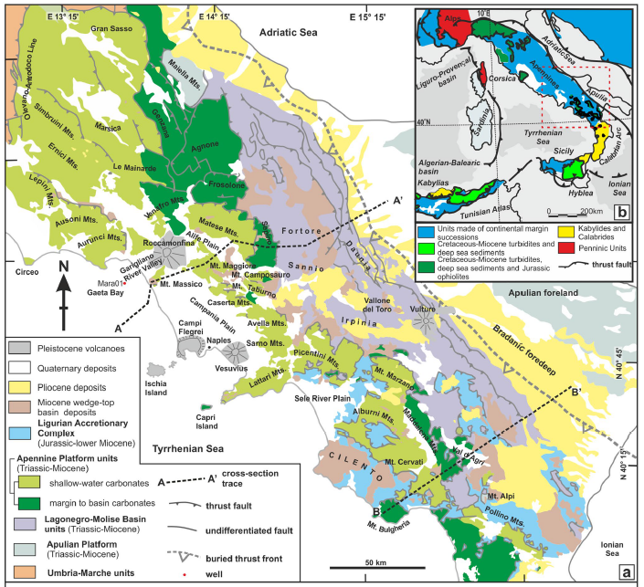 A) Geological scheme of the southern Apennines. After Vitale et al. (2018), modified. B) Geological scheme of the Central Mediterranean Sea (after Vitale et al. 2017, modified). C) Geological cross sections. A–A’. after Vitale and Ciarcia (2018) and De Alteriis et al. (2006), modified. B–B’ section after Mazzoli et al. (2008), modified.