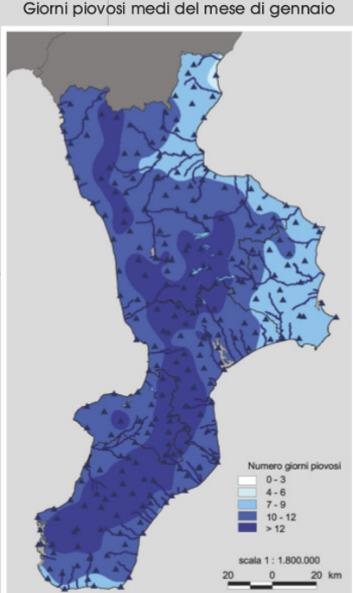 Distribuzione medie mensili delle aree più piovose, misurate negli anni dal 1921 al 2000. ArpaCal www.arpacal.it