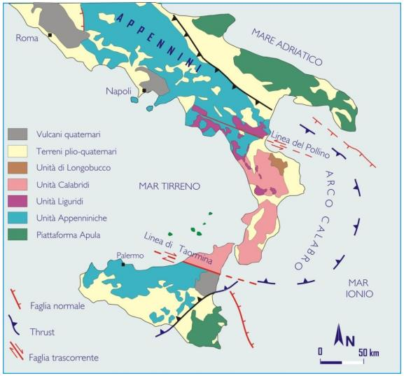 Schema geologico-strutturale semplificato del sistema Appennino meridionale Arco Calabro (modificato da DEWEY et al.,1989).