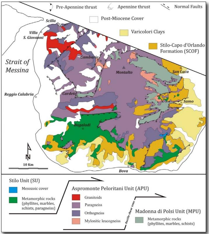 Carta geologica Aspromonte con schema strutturale; modificato da Pezzino et al.1990, Ortolano et al. 2005, Fazio et al. 2008)