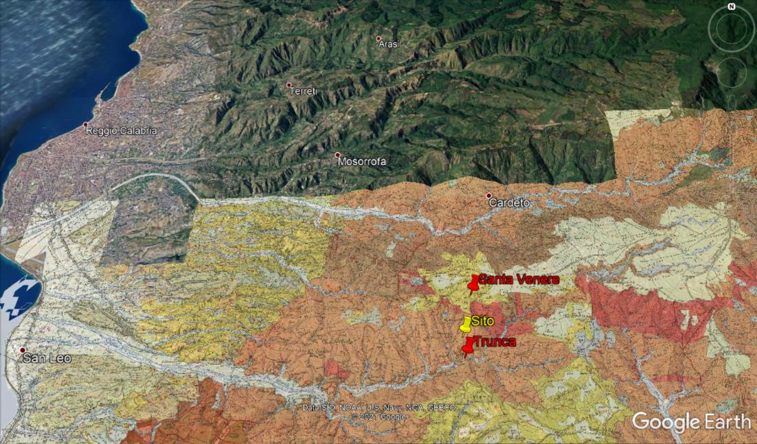 carta geologica georeferenziata e zoom sull'area di sito