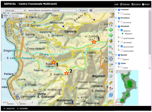 finestra del webgis ARPACAL con evidenza sul bacino idrografico del Valanidi e sulle tre stazioni pluviometriche interessate