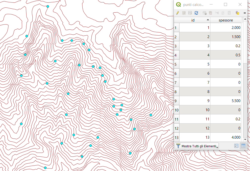 shape file puntuale con valori di spessore delle coperture analizzate