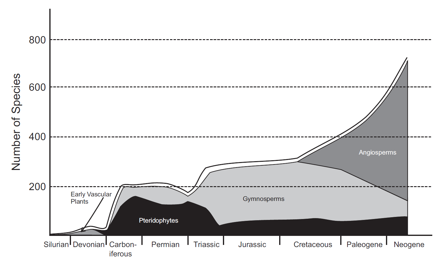 Cambios en la diversidad de especies a lo largo del tiempo de los principales grupos de plantas vasculares. La línea negra gruesa en la parte superior representa la diversidad total de especies, que incluye tanto plantas vasculares como no vasculares, así como aquellas clasificadas como _incertae sedis_. Imagen tomada de Cleal & Cascales-Miñana (2014)