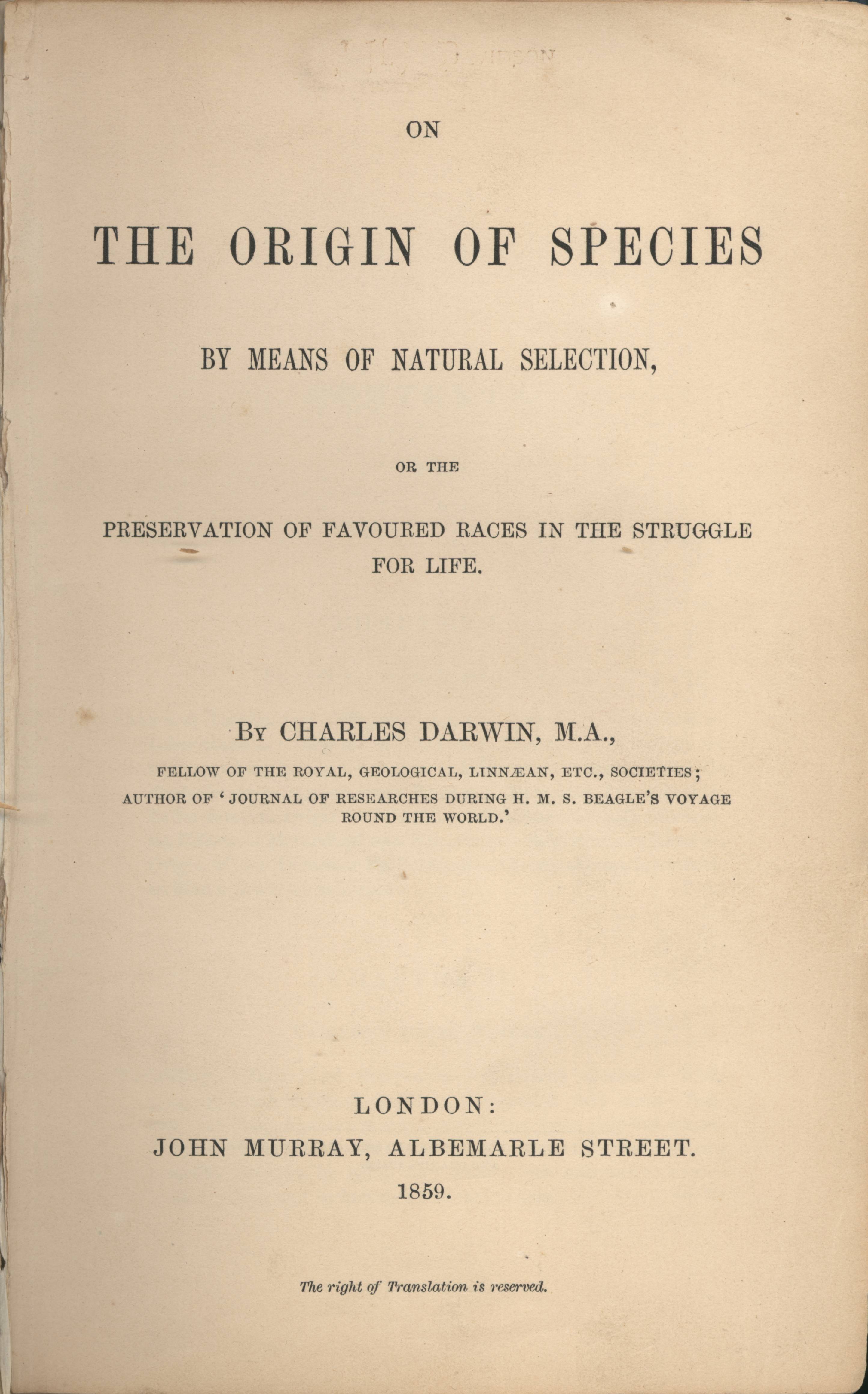 Portada de la edición original de 1859 de _On the origin of species_ de Charles Darwin. Imagen disponible bajo licencia Creative Commons CC0.