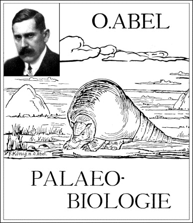 Othenio Abel (1875–1946) and the cover of Grundzüge der Palaeobiologie der Wirbeltiere. Imagen  de Kutschera (2007).