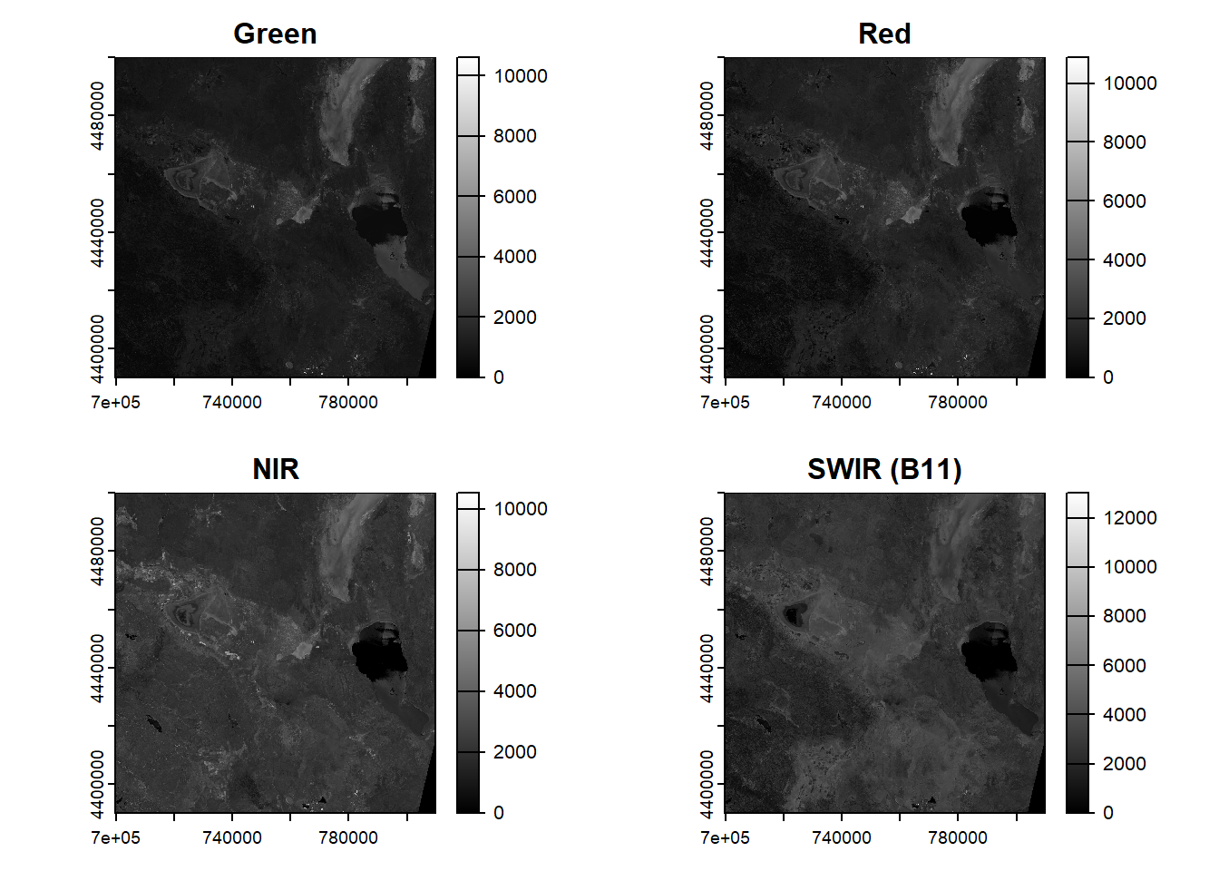 Four bands of a Sentinel-2 scene from 20210628.