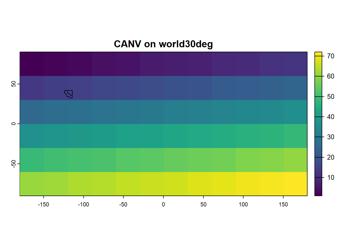 Simple plot of a worldwide SpatRaster of 30-degree cells, with SpatVector of CA and NV added