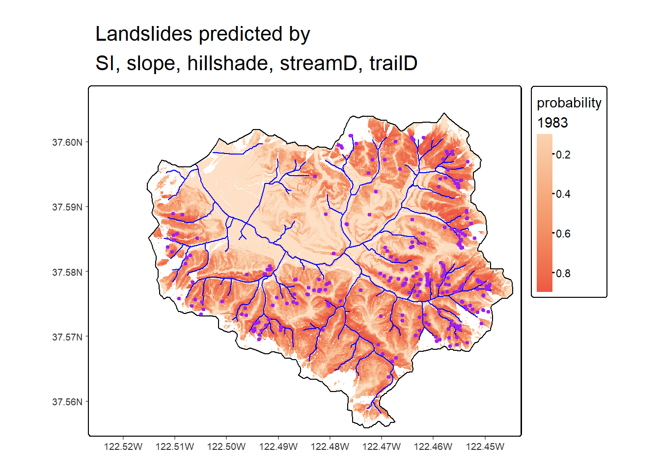 Logistic model prediction of 1983 landslide probability