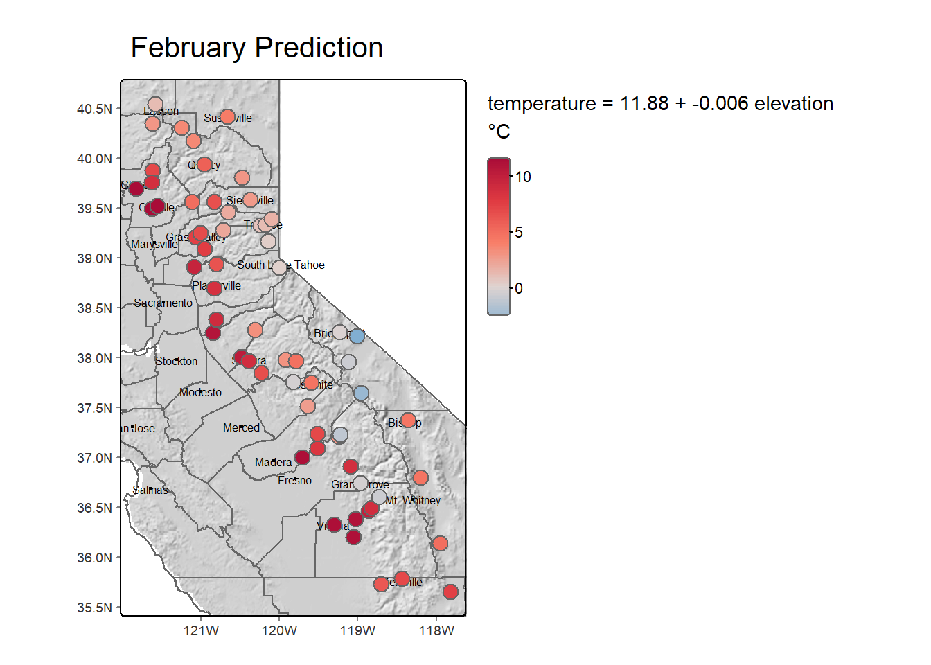 Temperature predicted by elevation model