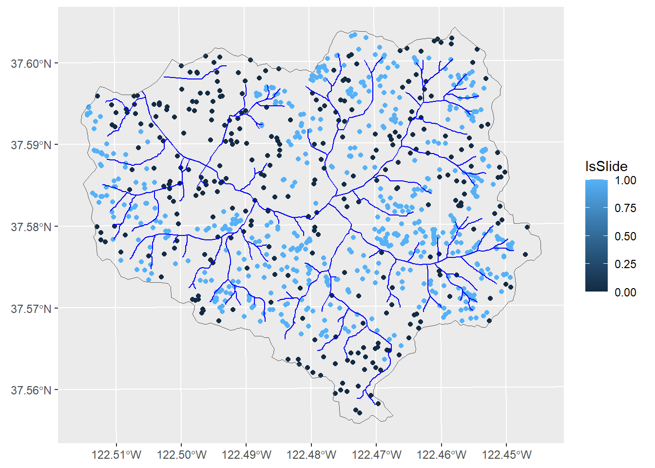 Landslides and random points (excluded from slide buffers)