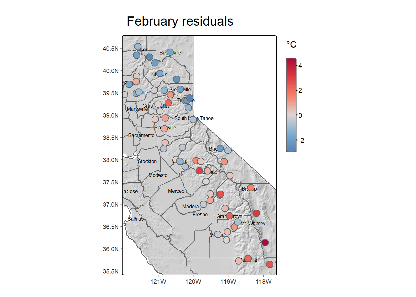 Residuals of temperature from model predictions by elevation