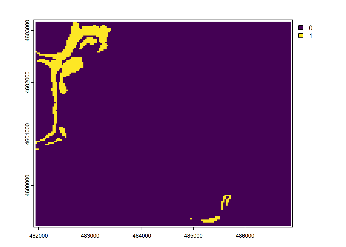 Boolean intersection: (slope > 30) * (elev > 2000)