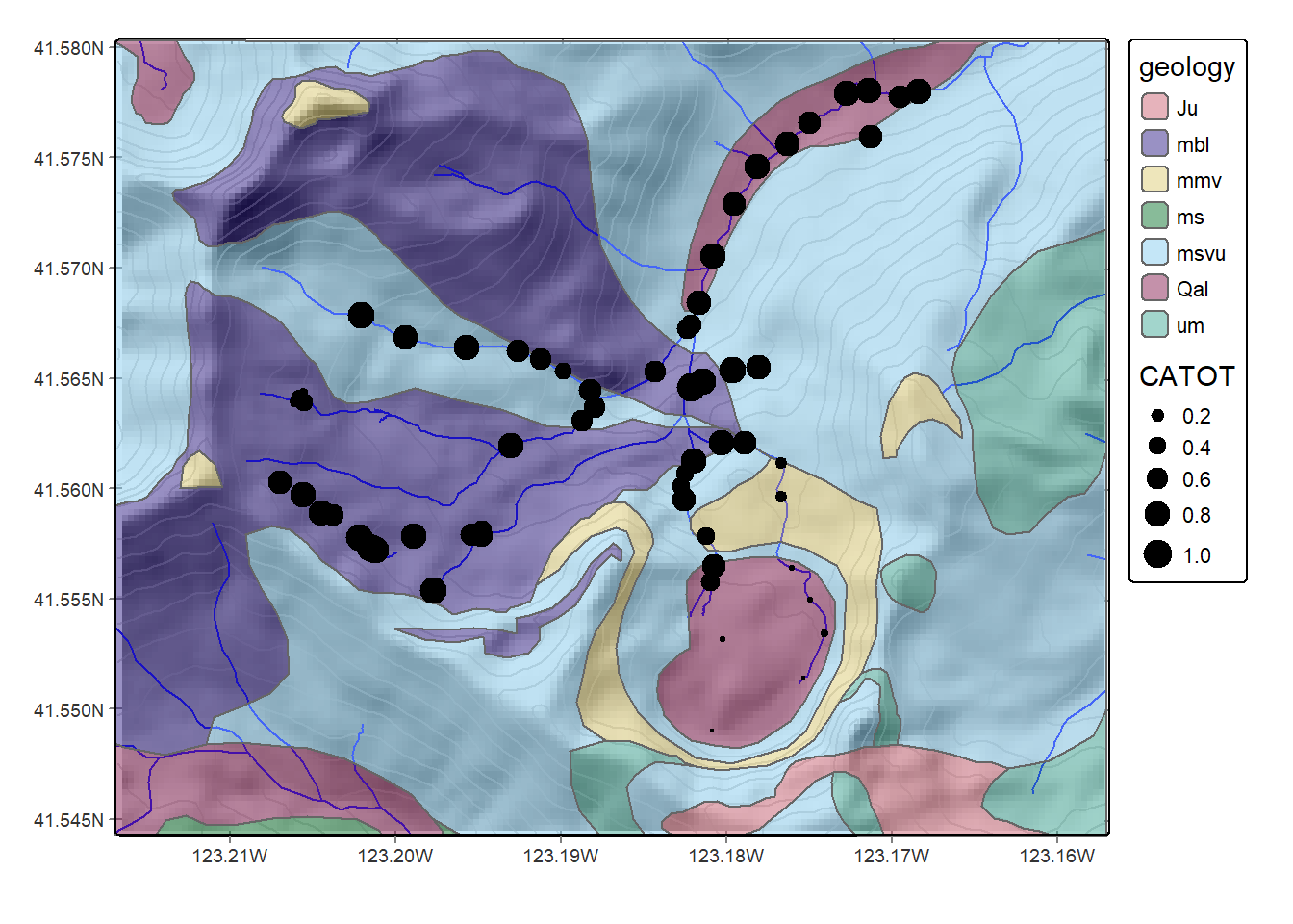 Calcium carbonate total hardness at sample points, showing geologic units