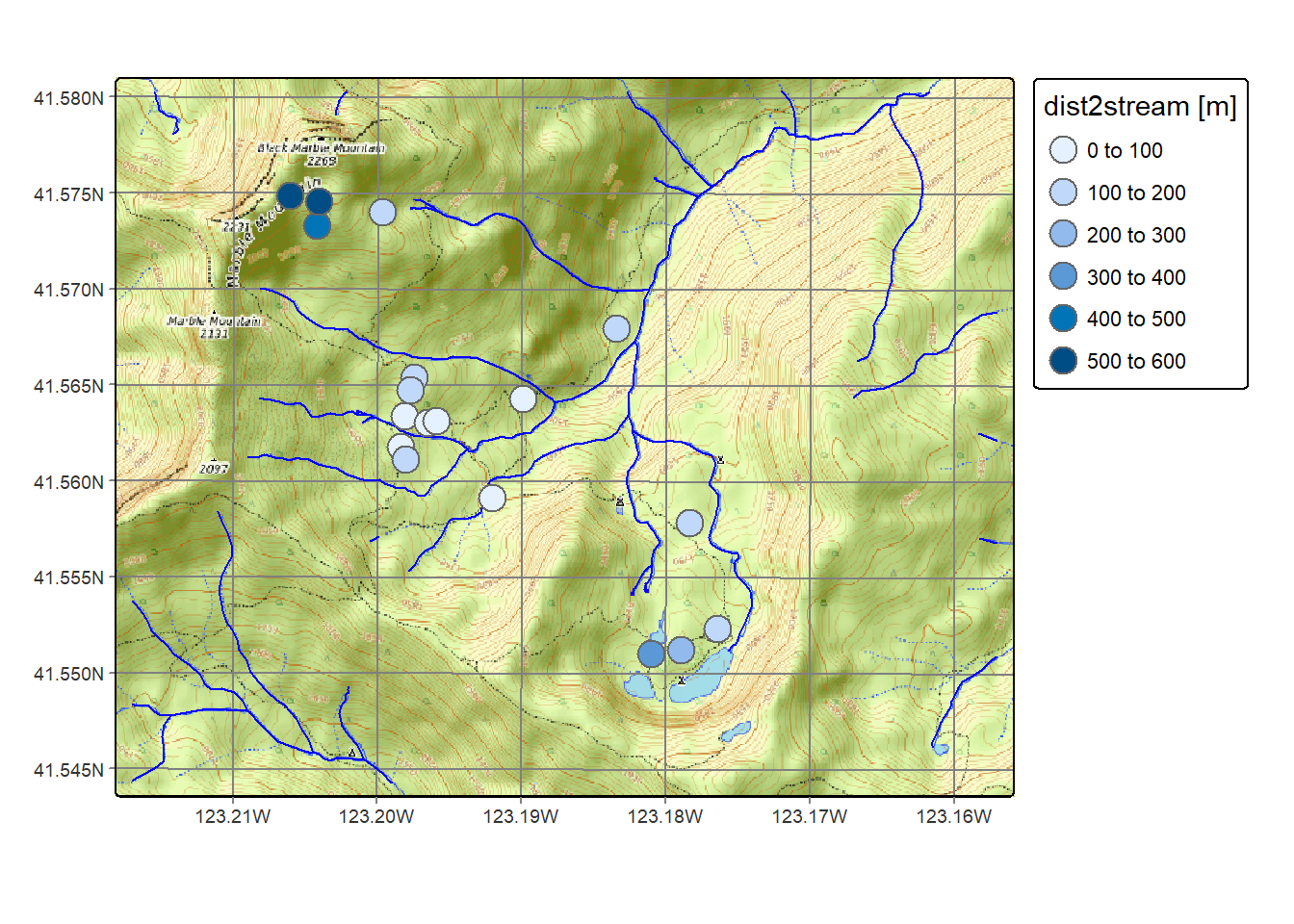 Distance from CO2 samples to closest streams (not including lakes)