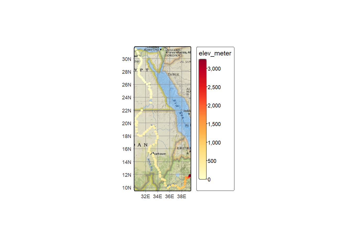 Nile River points, colored by channel slope