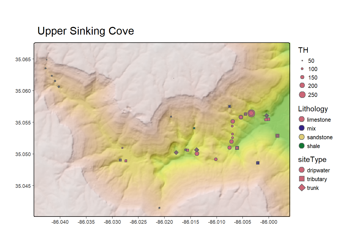 Total hardness from dissolved carbonates at water sampling sites in Upper Sinking Cove, TN