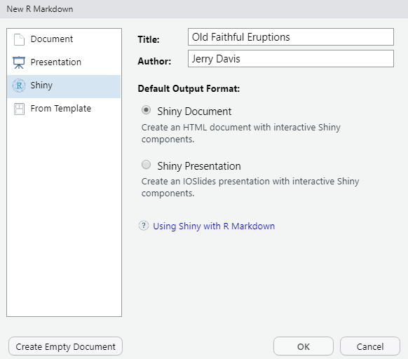 New Shiny Document dialog