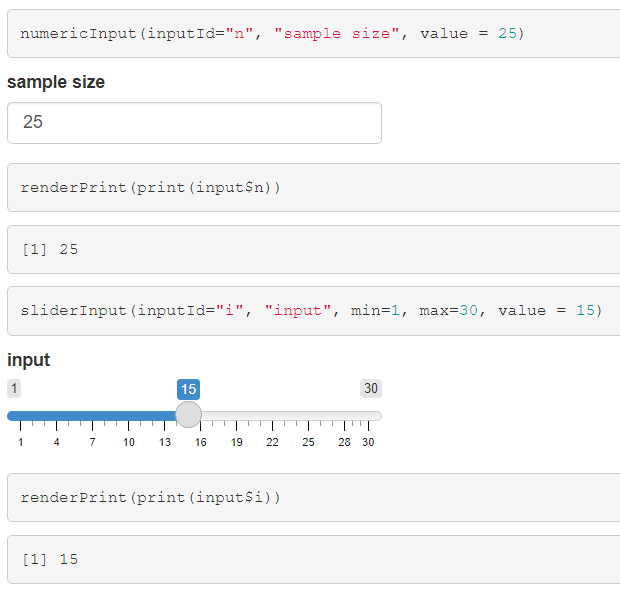 Numeric and slider inputs and print outputs