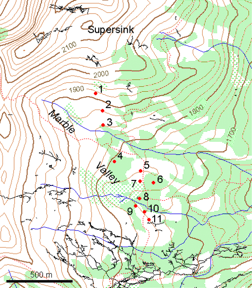 Marble Mountains soil gas sampling sites, with surface topographic features and cave passages