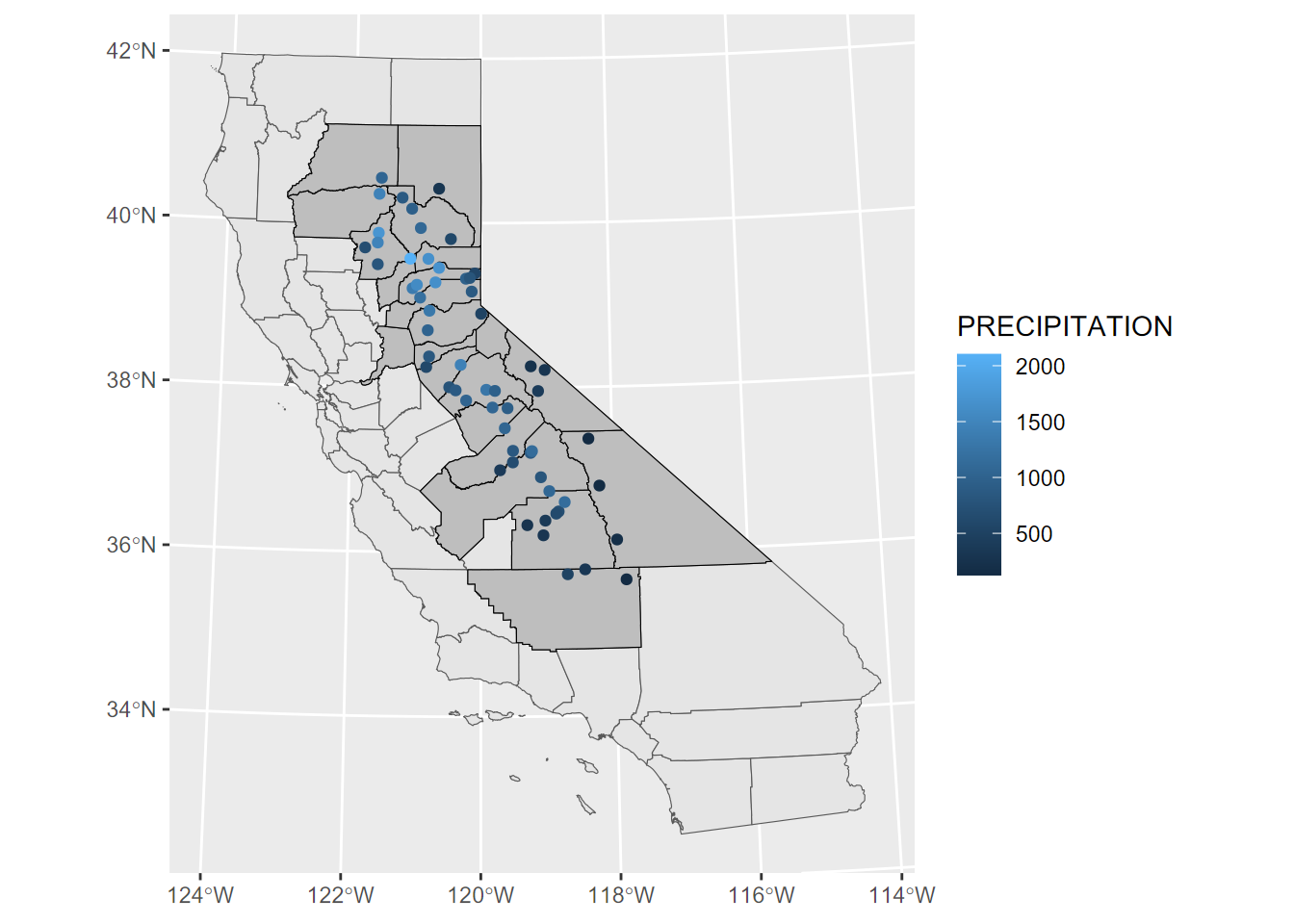 Precipitation map in Teale Albers in Sierra counties