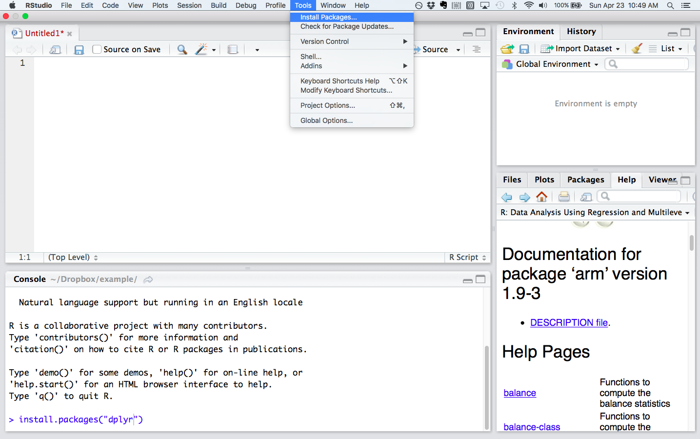 Install packages from the dropdown menu under Tools or at the command line in the console pane (lower left quadrant). Documentation for installed packages is in the plot pane (lower right quadrant)