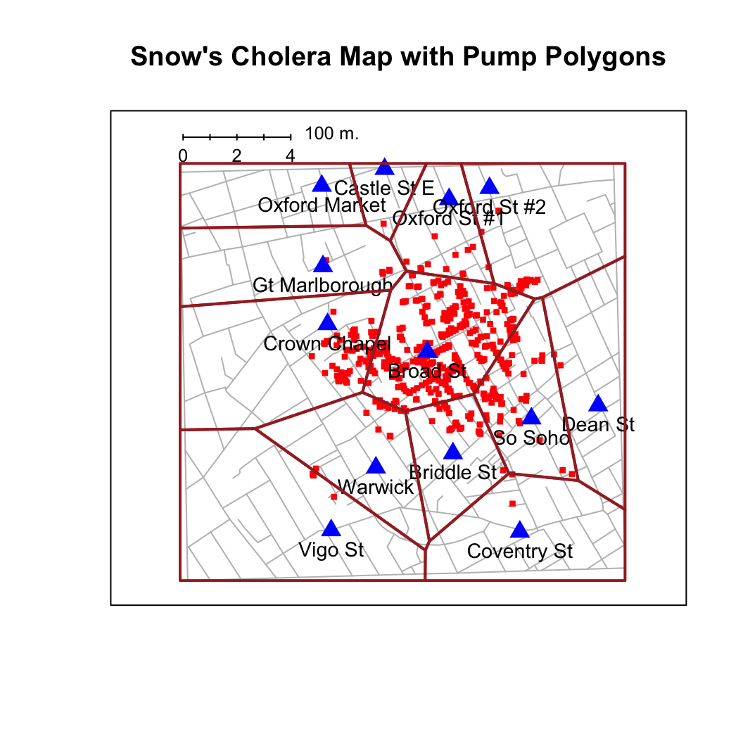 Deaths (red dots) and pump locations.  Polygons that surround
each pump enclose the locations for which that is the nearest pump.