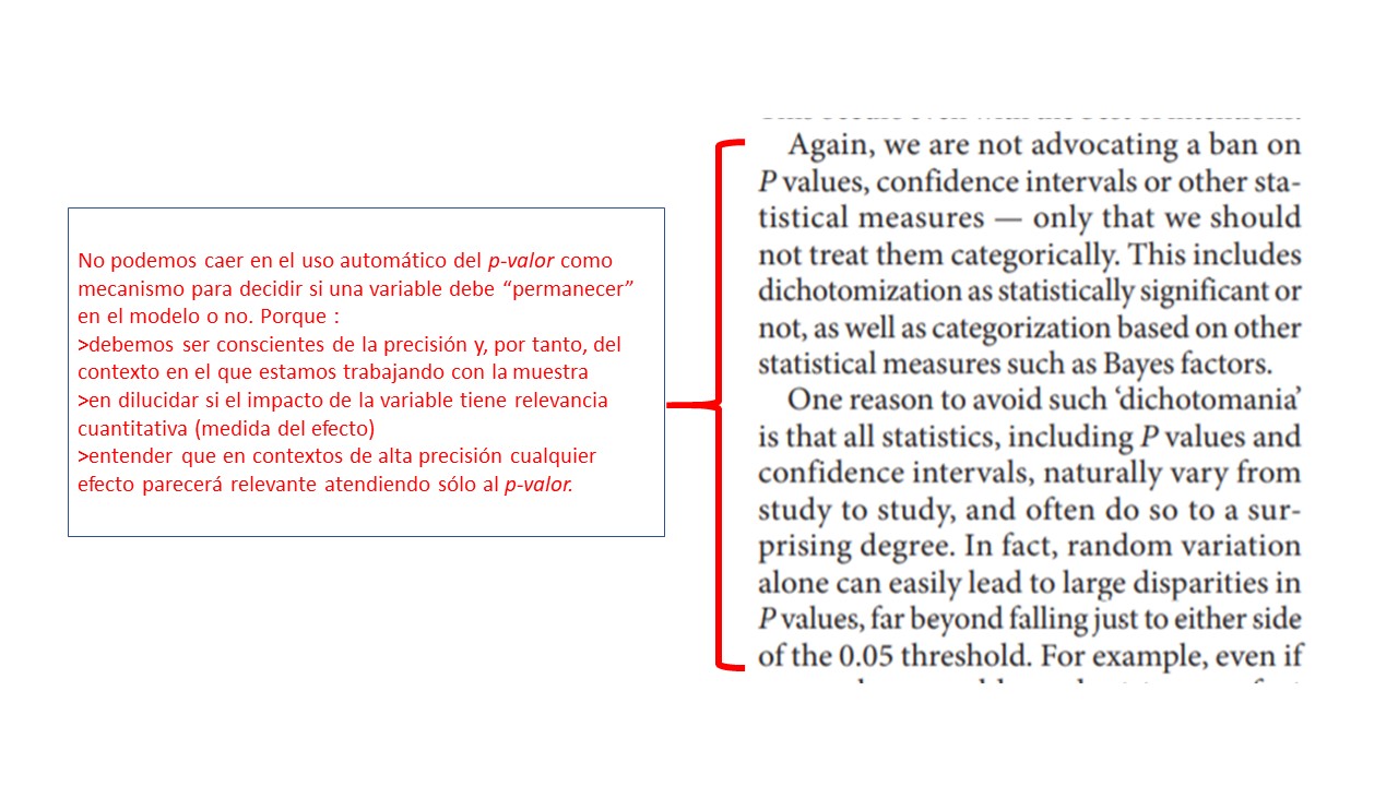 FIG 3: Evite mirar a la columna del p-valor y piense más en el conjunto: efecto estimado versus precisión.