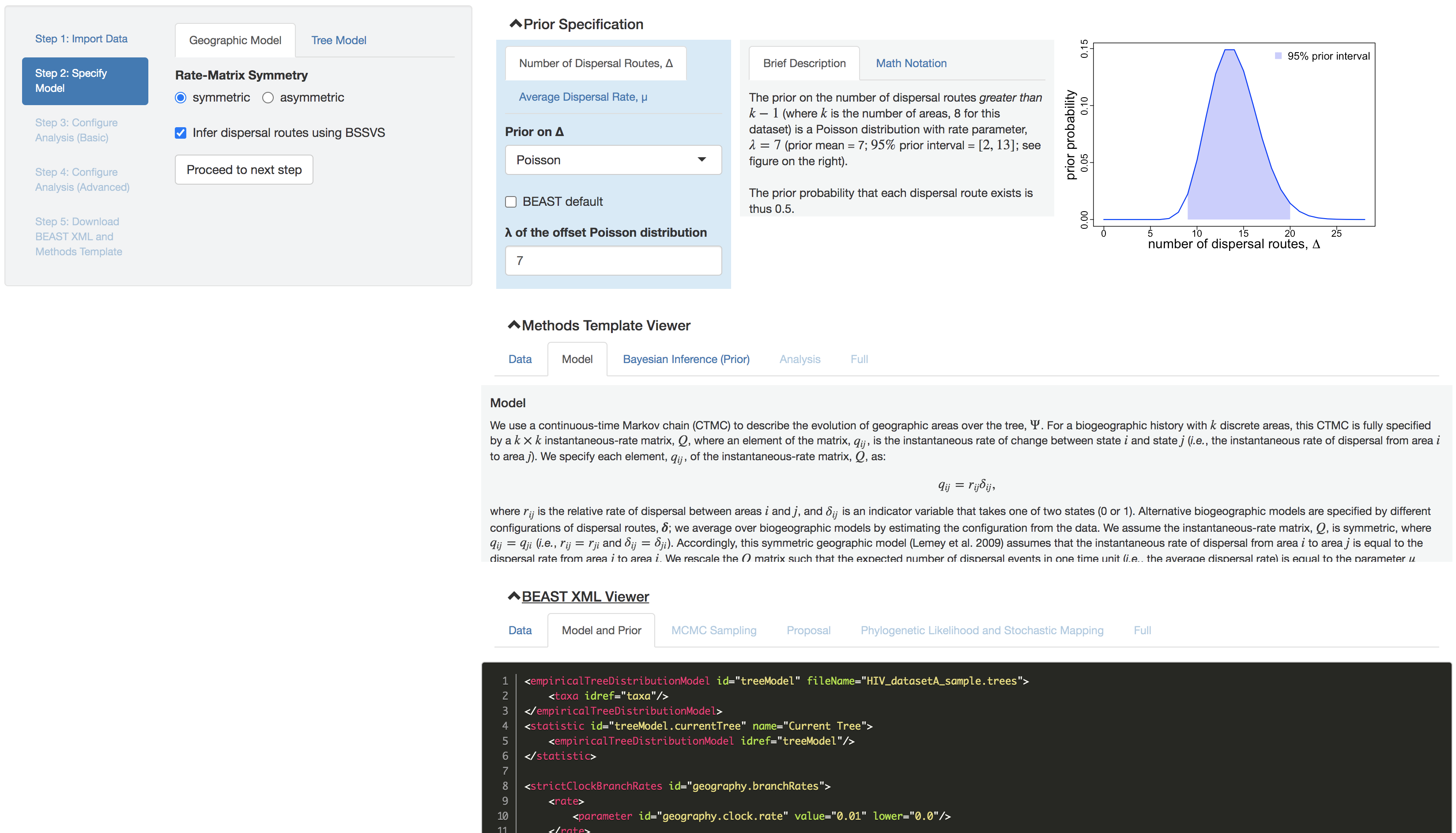 <tt>PrioriTree</tt> user interface. The main interface is divided into two panels: user input in the left panel, and the right panel dynamically renders the corresponding prior distributions, methods text, and <tt>BEAST</tt> XML script.