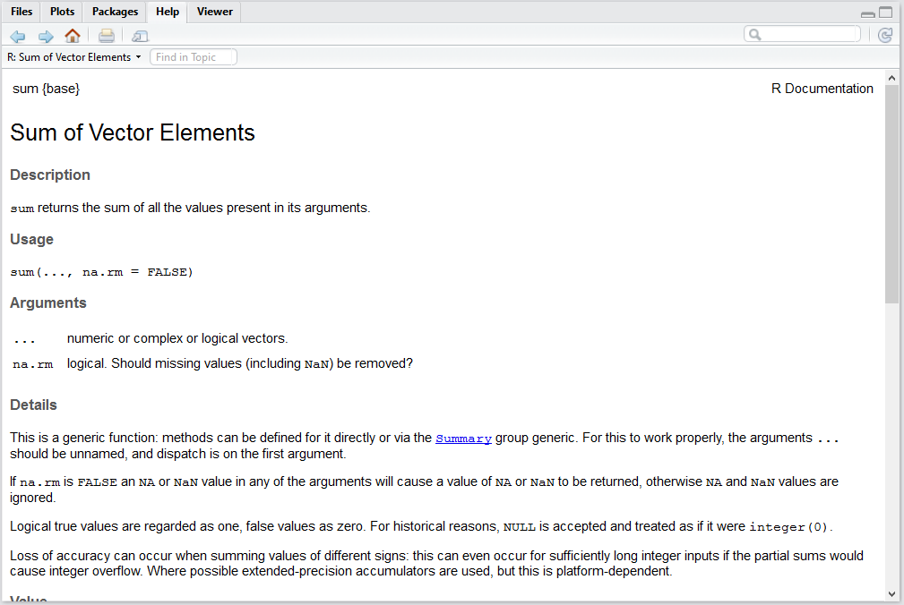 Help content for sum in RStudio