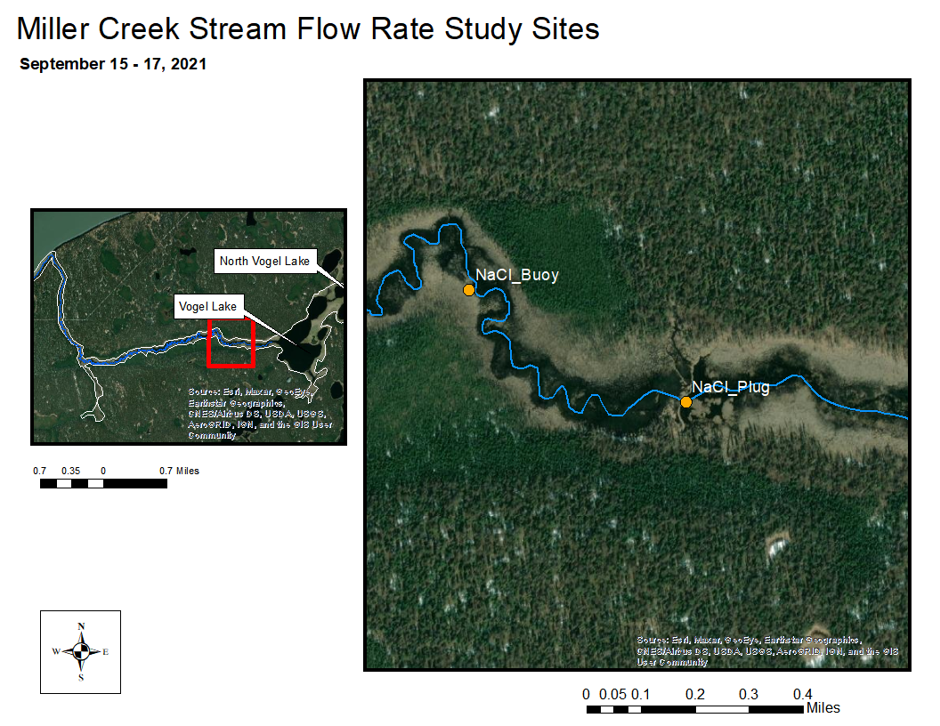 Stream Flow Rate Study Area. Stream distance between the NaCl release site and the downstream measurement site is 0.63 km (0.39 mi).