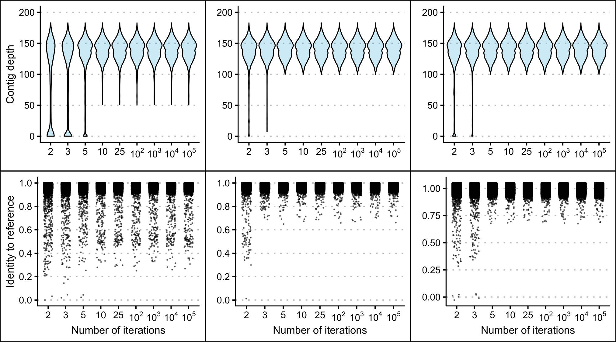 The contig depths and percentage identities of whole genome data of one individual (*Broodstock trevally 1*) mapped to the *C. equula 2* reference mitogenome using different numbers of mapping iterations.