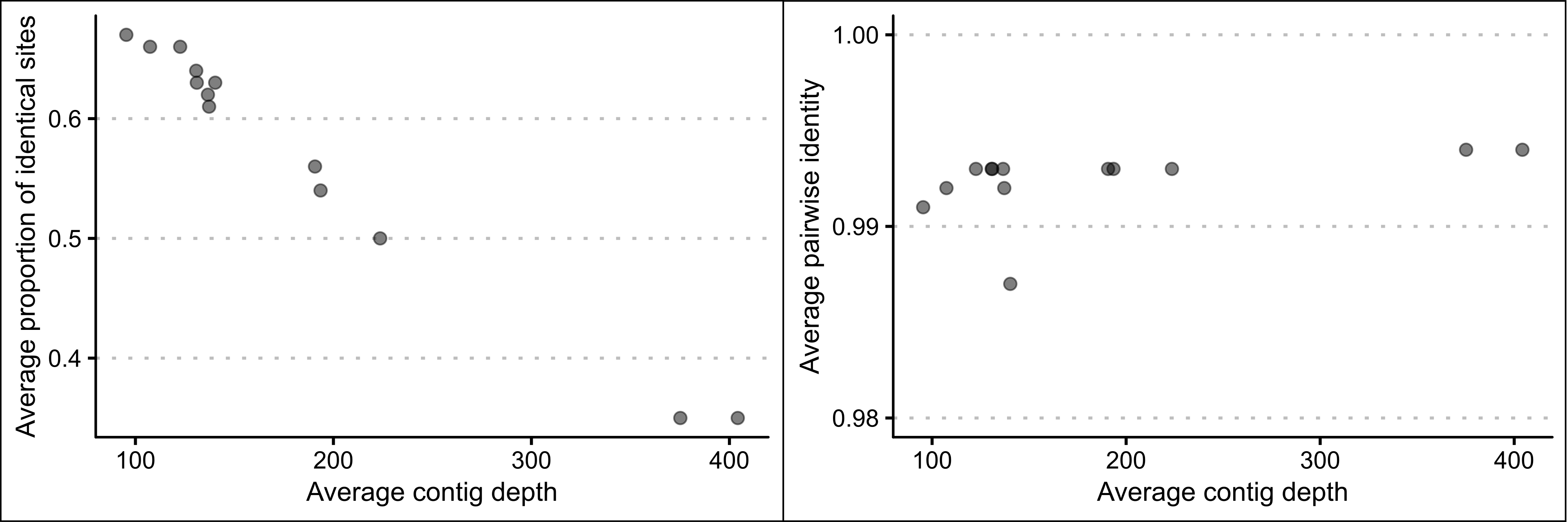 The association between the average number of identical sites and the average pairwise identity along the length of the mitogenome with contig depth of whole genome data of thirteen *P. georgianus* individuals assembled to *C. equula 2*.