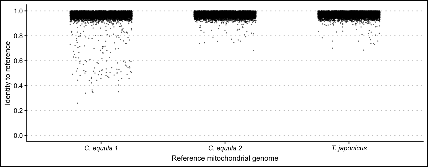 Identities of each nucleotide position of whole genome sequence data of one $\textit{P. georgianus}$ individual ($\textit{Broodstock trevally 1}$) mapped to three reference mitogenomes.