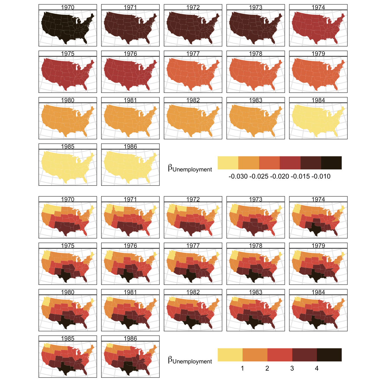 The spatial variation of coefficient estimatess for BMA Unemployment and Public captial over time, generated  Bayesian Model Avaergaing approach.