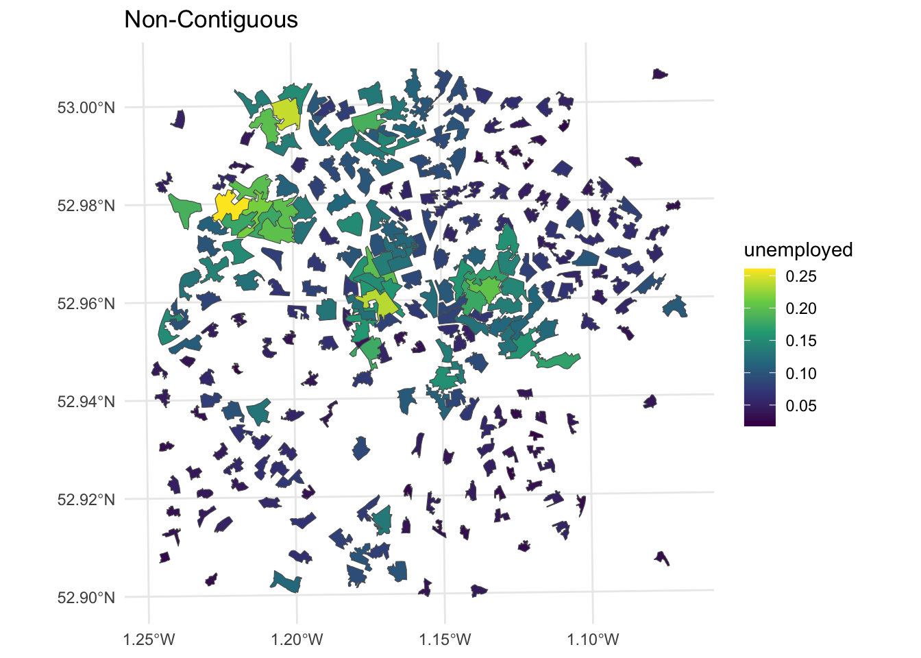 Nottingham unemployment rates using a non-contiguous cartogram.