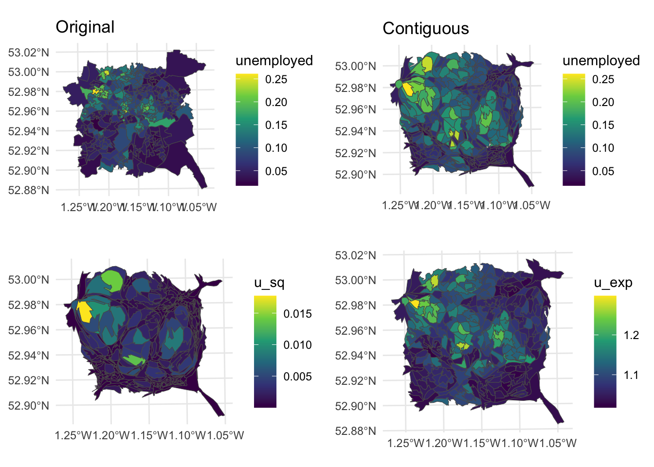 Alternative representations of the Unemployment rates in Nottingham using rescaled data with cartograms.