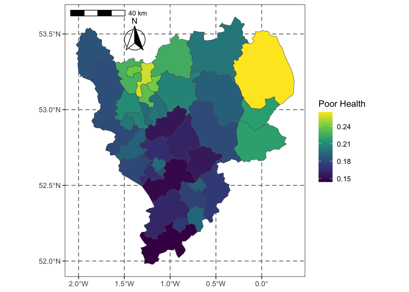 Poor Health in LADs in the East Midlands.