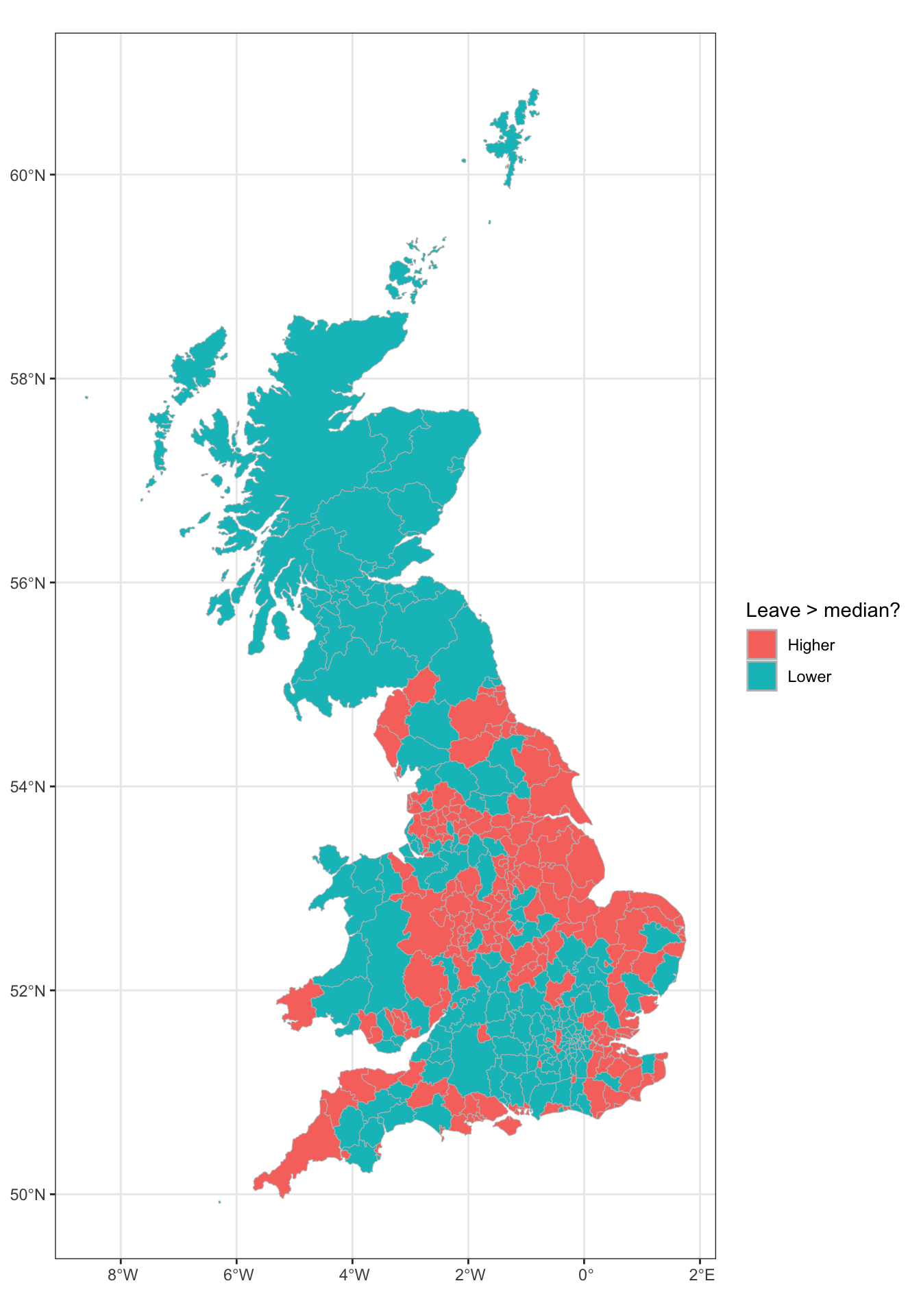 A map of LADs where the leave vote share was higher and lower than the median.