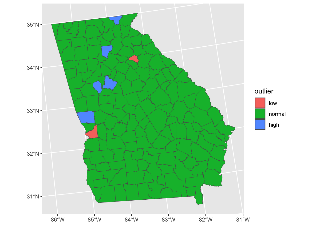 A map of the outliers - observations where Median Income is over-estimated (red) and under-estimated by the model.