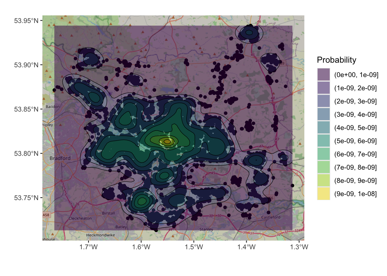 An example of a density surface, with a transparency term and an OSM backdrop.