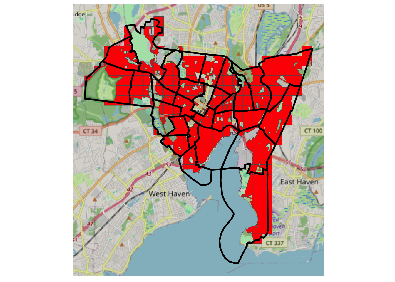 A mask of residential areas, with source zone outlines and an OSM backdrop.