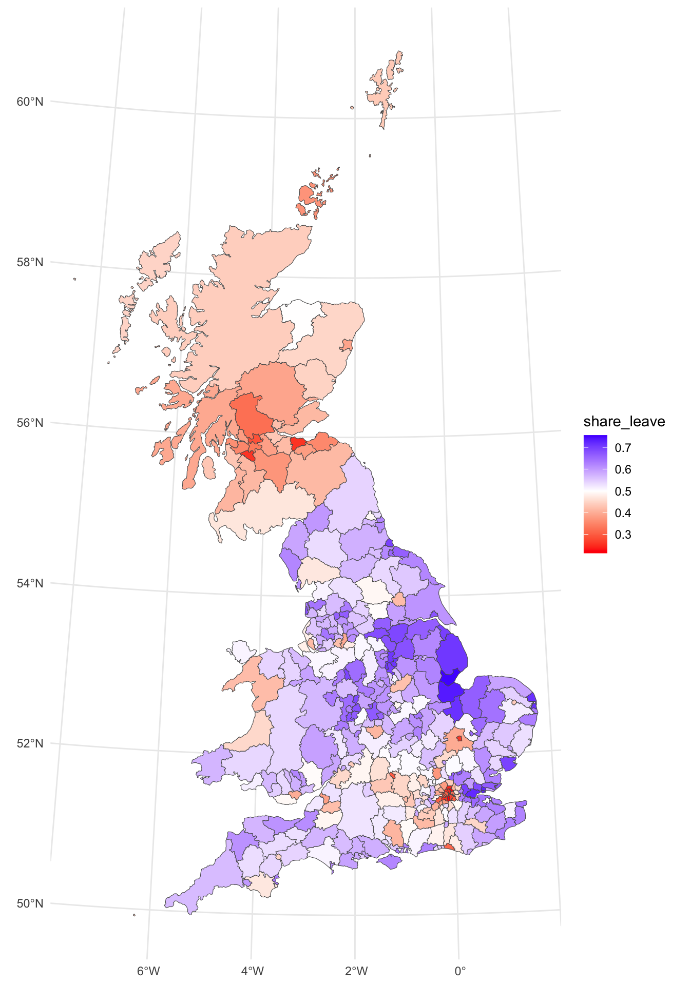 The Leave vote share over LADs.