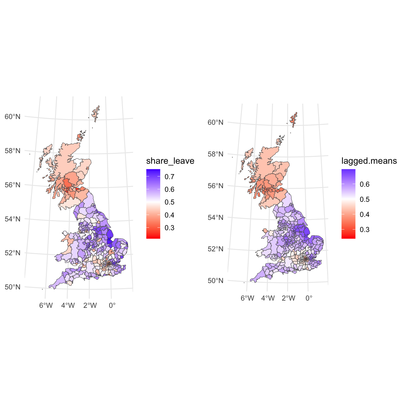 The vote leave shared (left) and a map of the spatially lagged mean of the leave vote share (right).