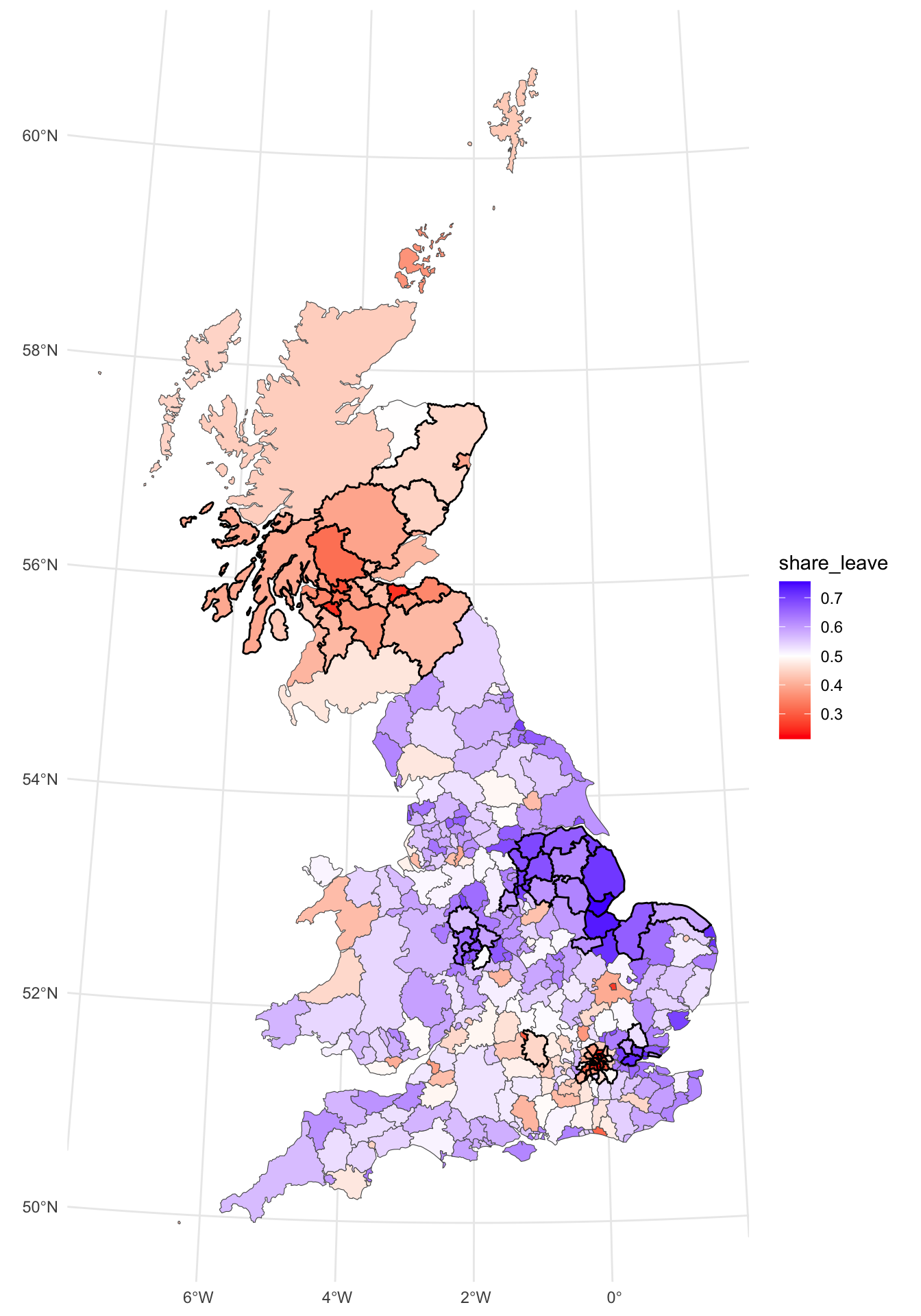 A map of the local Moran's I of the leave vote, with significantly clustered areas highlighted.