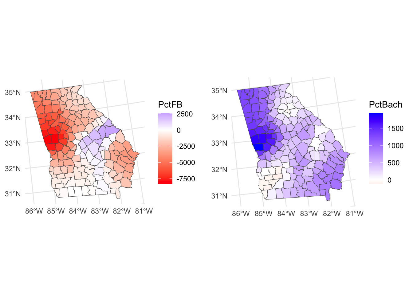 Maps of GWR coefficient estimates, whose values flip from positive to negative.